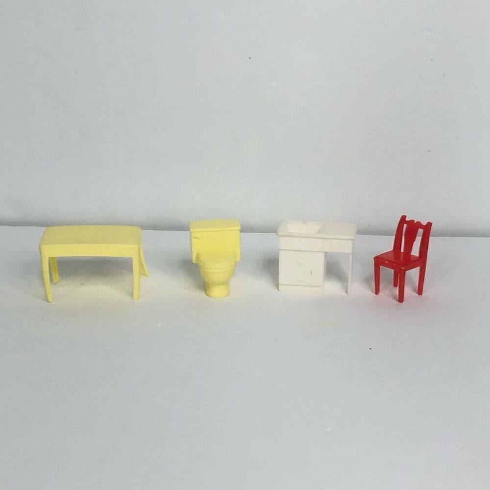 vintage dollhouse furniture plastic kitchen bathroom yellow red white miniatures